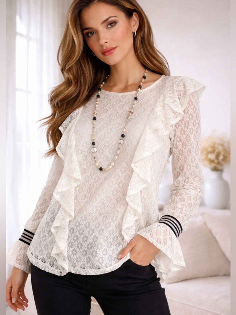 KENSIE WHITE LACE RUFFLE BLOUSE LONG SLEEVE STRETCH TOP SIZE MEDIUM